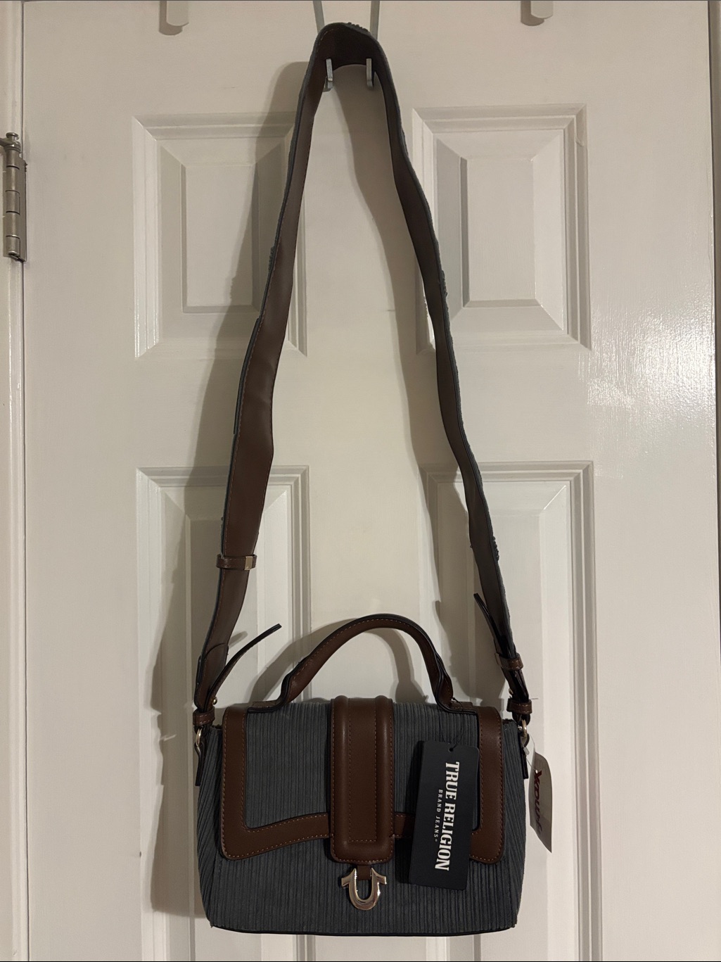 True Religion Slate Grayish Blueish Color And Brown Trim Bag